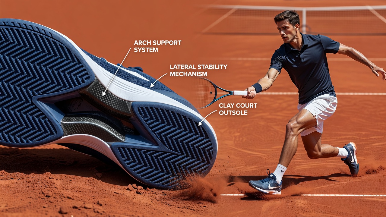Close-up view of arch support placements in modern tennis shoes designed for clay court performance