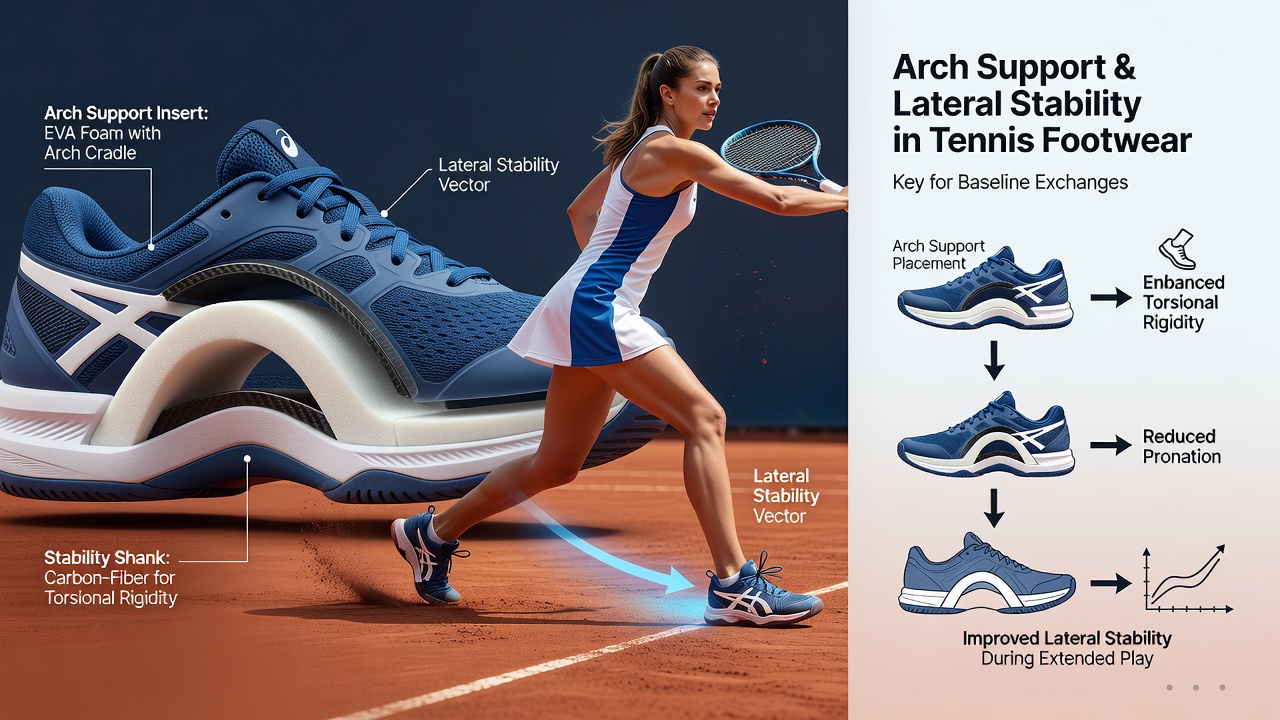 Tennis player executing a lateral slide on clay court highlighting footwear stability during baseline rally