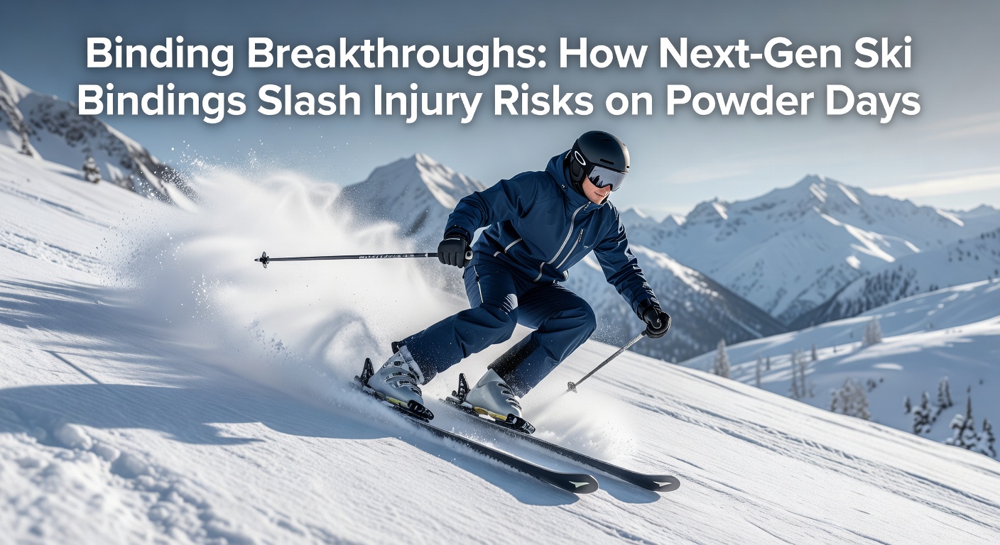 A close-up of advanced ski bindings releasing on fresh powder snow, highlighting the mechanism in action during a high-speed turn