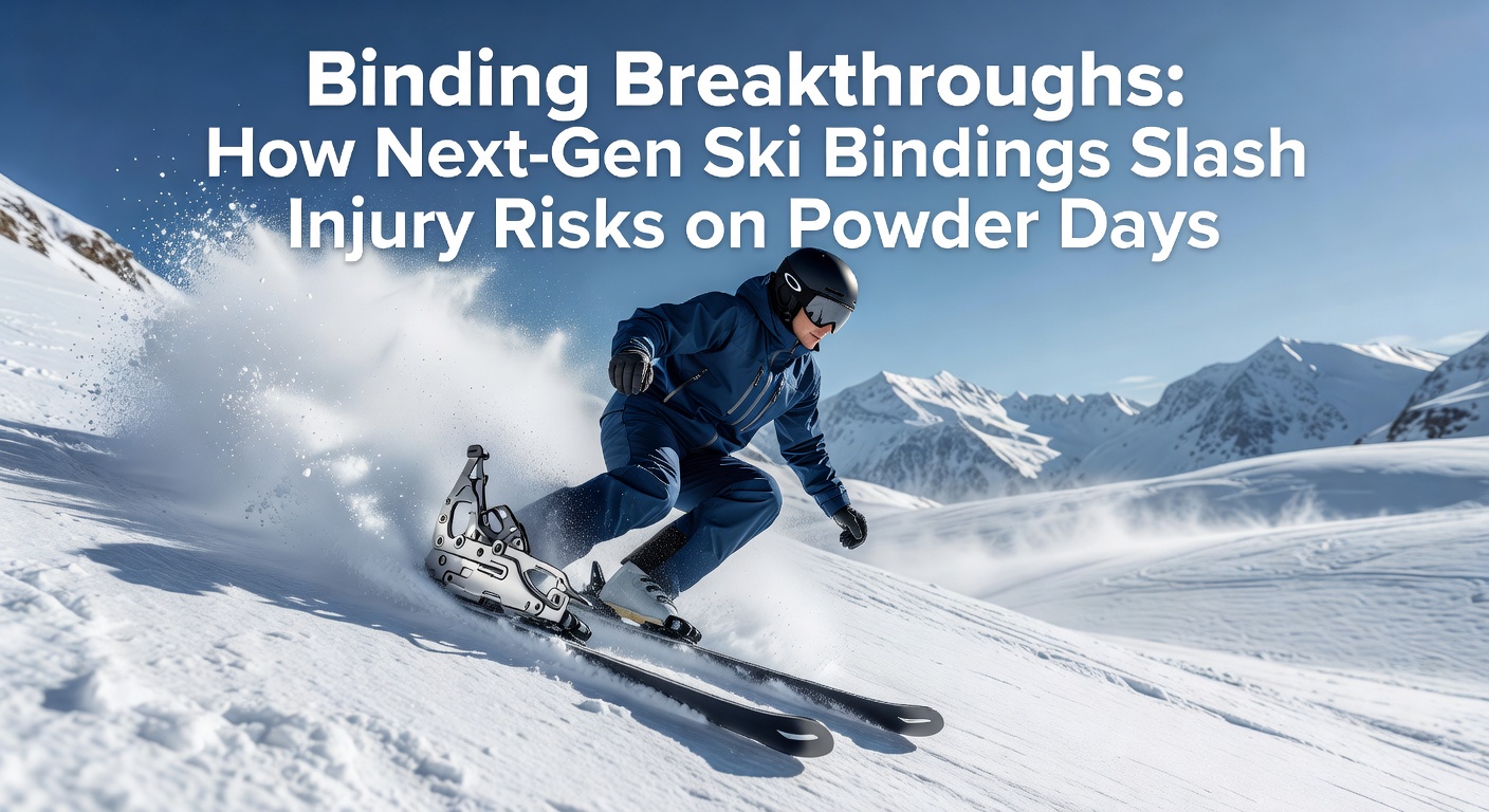 Skiers carving fresh powder with next-generation bindings visible at the boot interface, demonstrating stability in deep snow