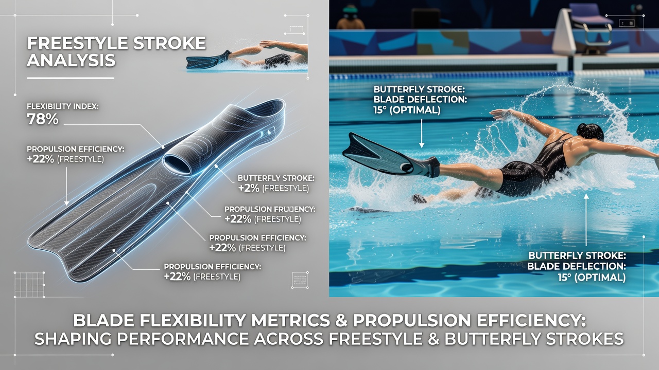 Swimming fins with varying blade flexibility displayed in a pool setting for propulsion analysis
