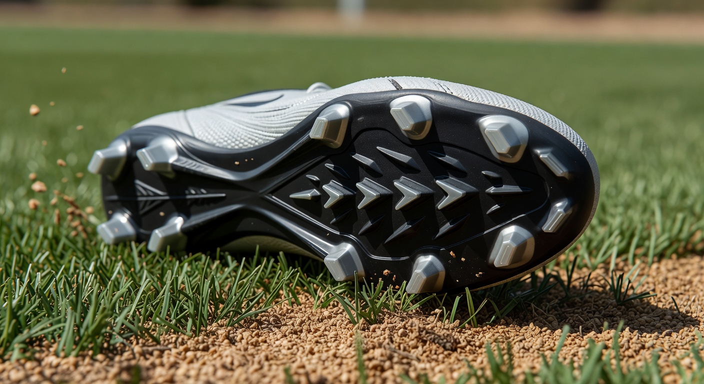 Close-up view of soccer cleat stud configurations on hybrid turf demonstrating rotational traction zones during directional changes