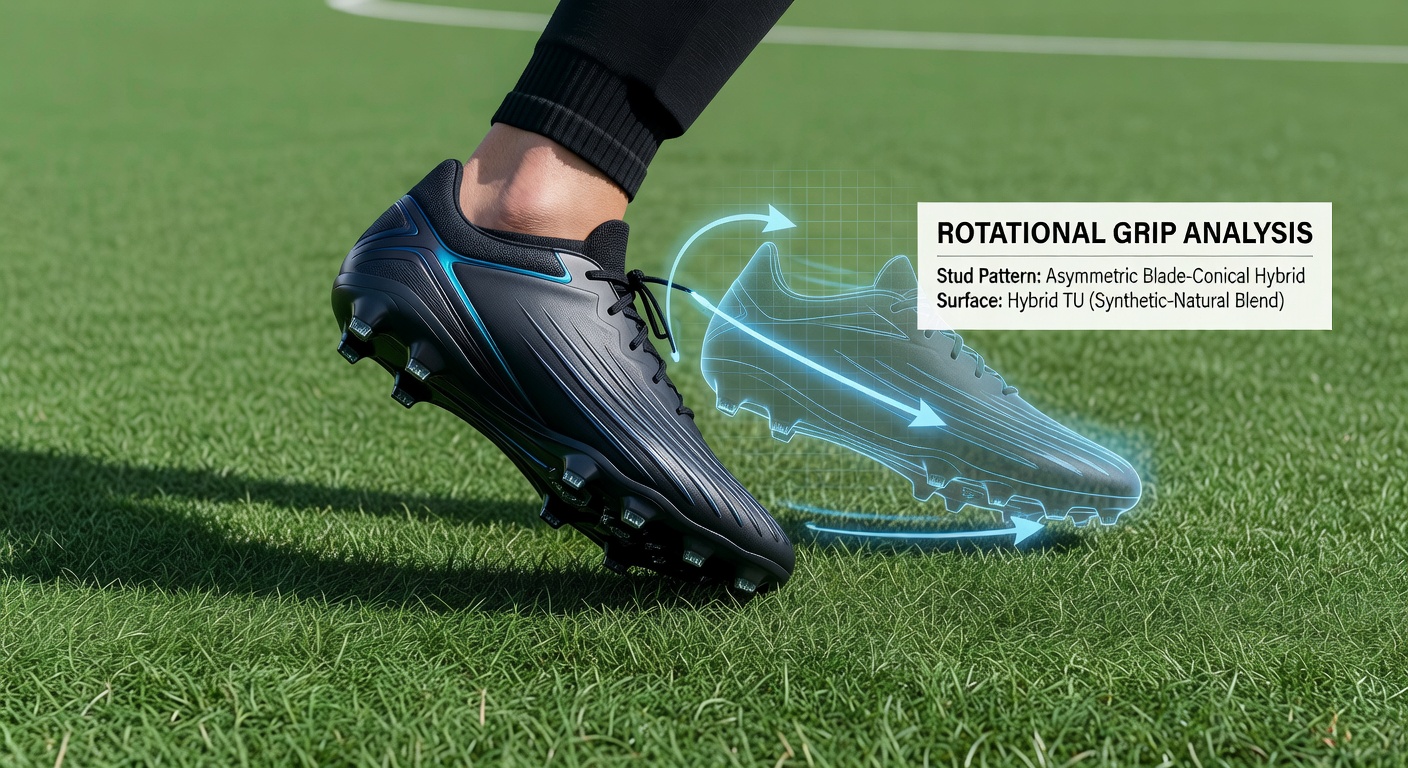 Laboratory testing setup showing torque measurement equipment evaluating soccer cleat rotation on hybrid turf samples
