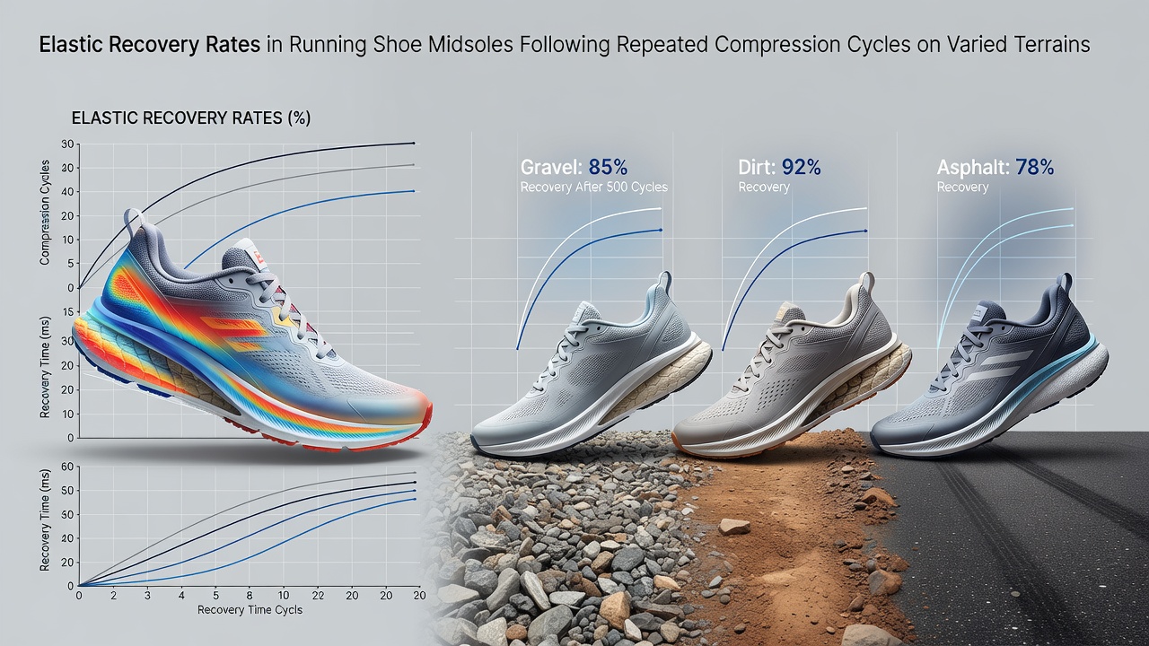 Laboratory setup showing running shoe midsole samples undergoing repeated compression testing on simulated road and trail surfaces