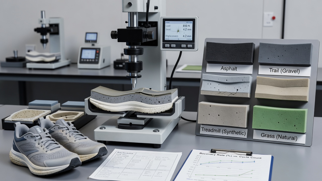 Close-up view of midsole foam cross-sections after 1000 compression cycles on road versus trail terrain simulators