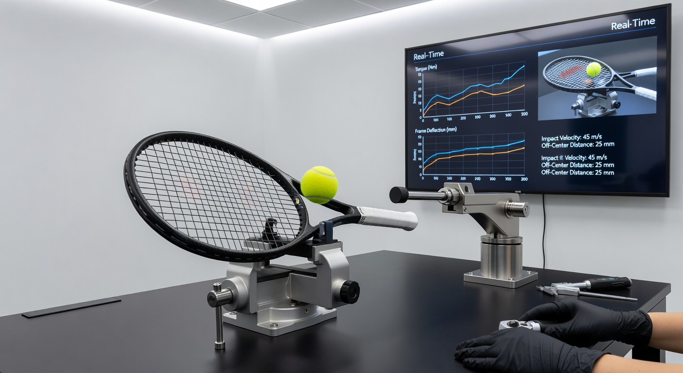 Laboratory setup demonstrating torque measurement equipment used to assess tennis racket frame response during simulated off-center impacts