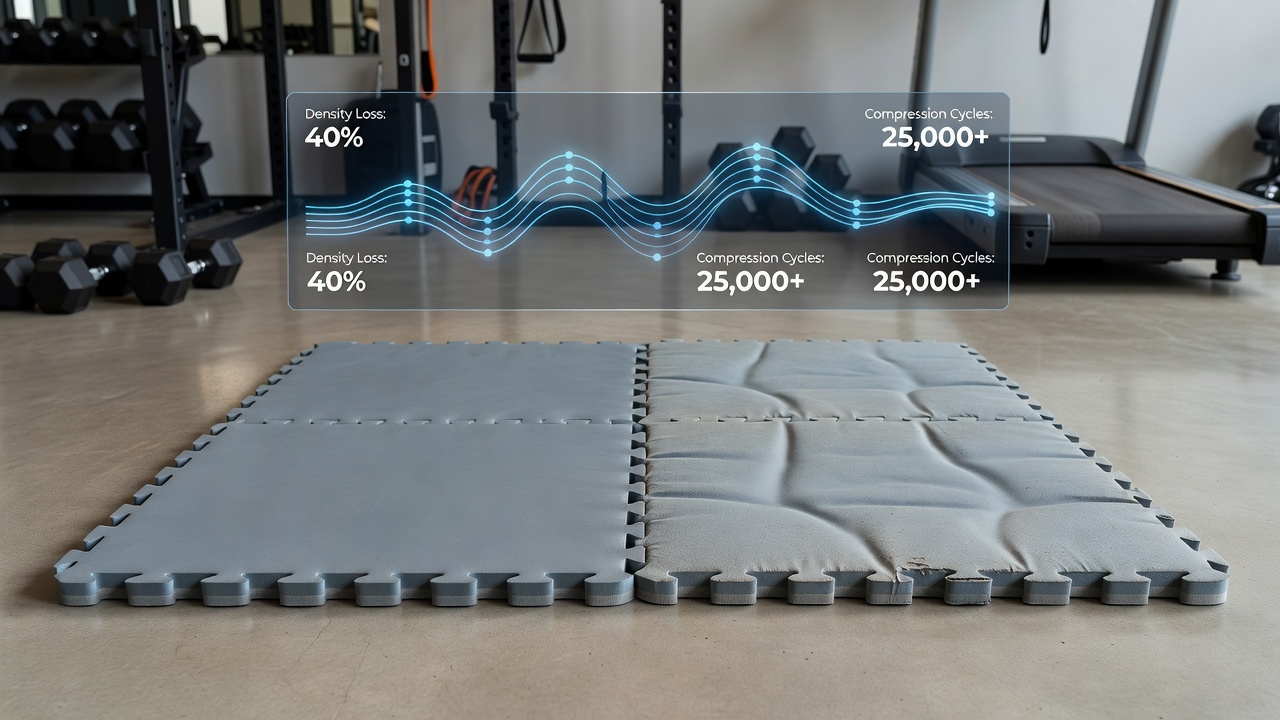 Close-up view of compressed foam layers in a commercial fitness mat showing structural changes after heavy use