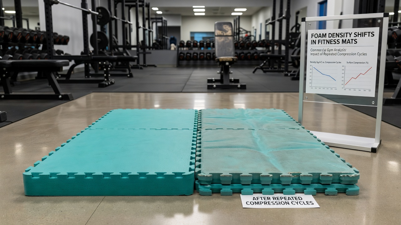 Laboratory equipment measuring foam density changes following thousands of compression cycles on gym mats