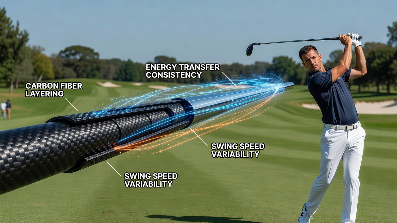 Cross-section diagram showing multiple carbon fiber layers in a modern golf club shaft with fiber orientation angles marked