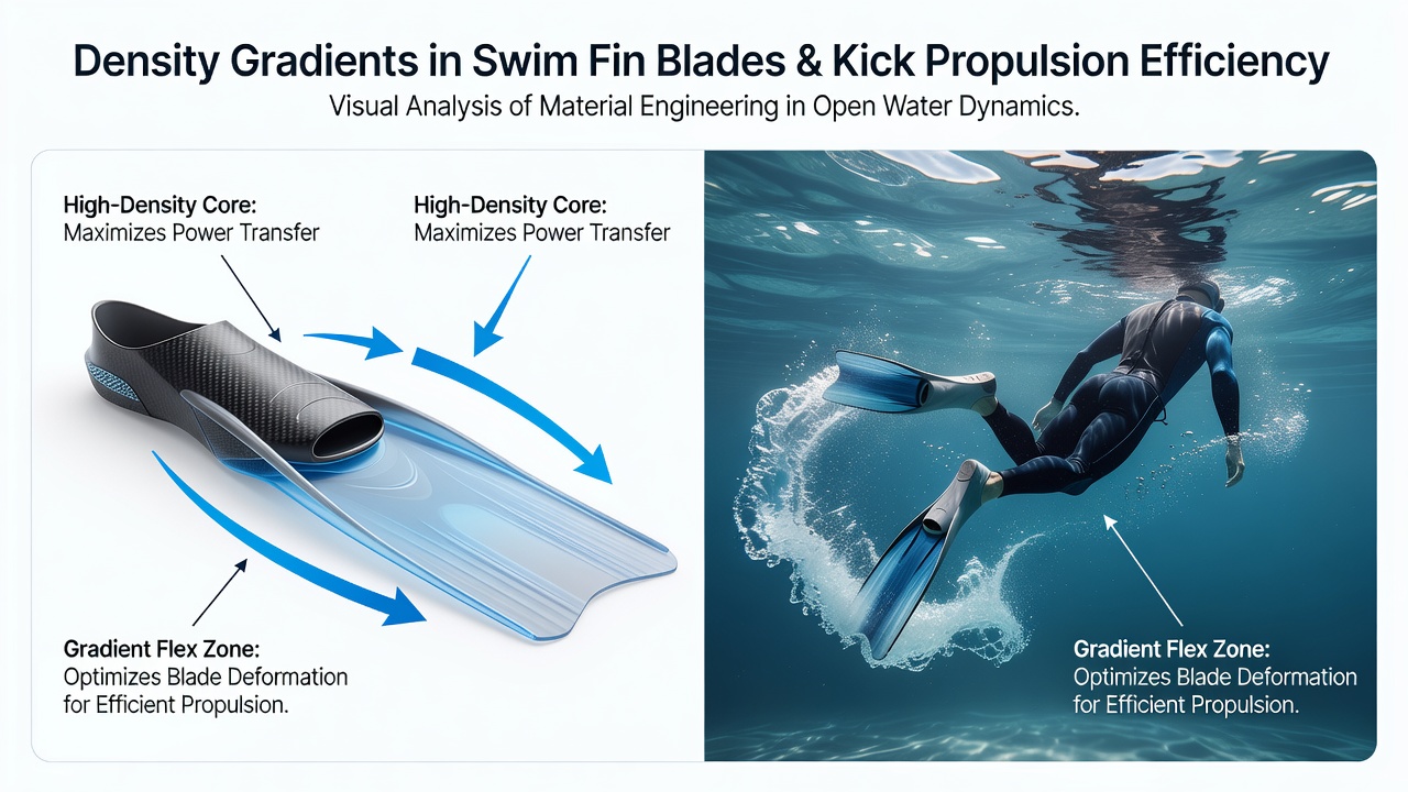 Swimmer testing fin propulsion in open water current with measurement equipment attached