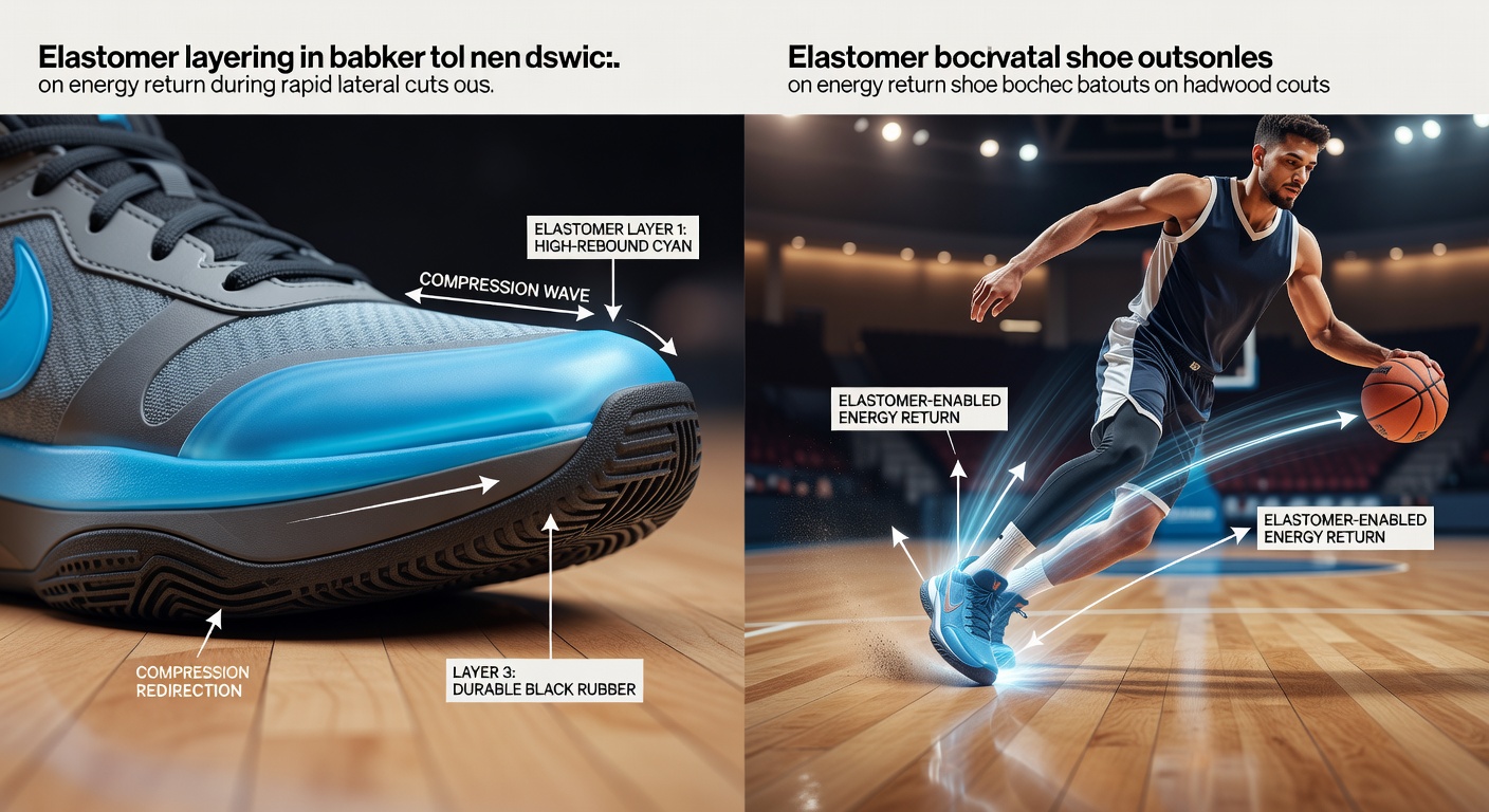 Close-up view of layered elastomer outsoles on basketball shoes showing different density zones designed for lateral movement energy management