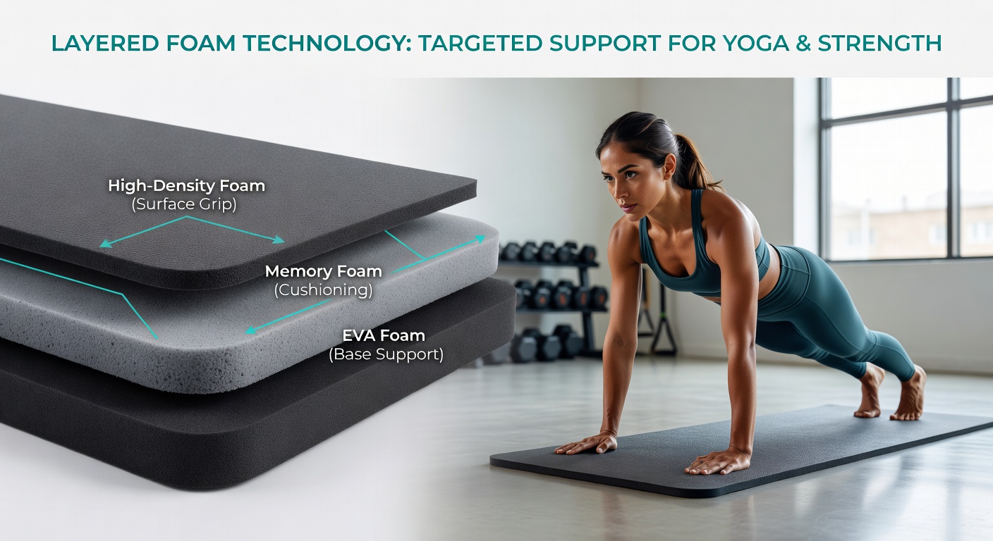 Cross-section view of a layered fitness mat displaying distinct foam densities for targeted support