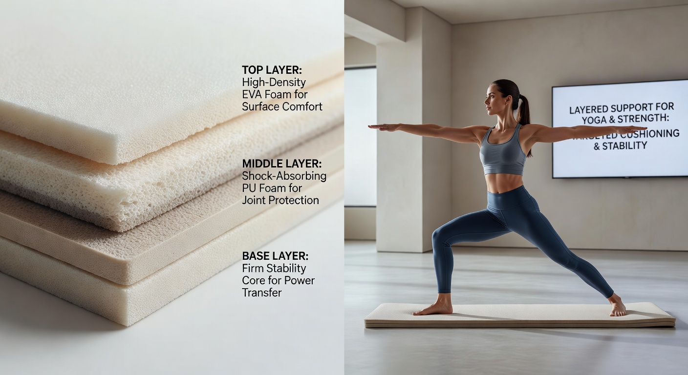 Athlete performing plank variations on a layered fitness mat with visible foam response zones