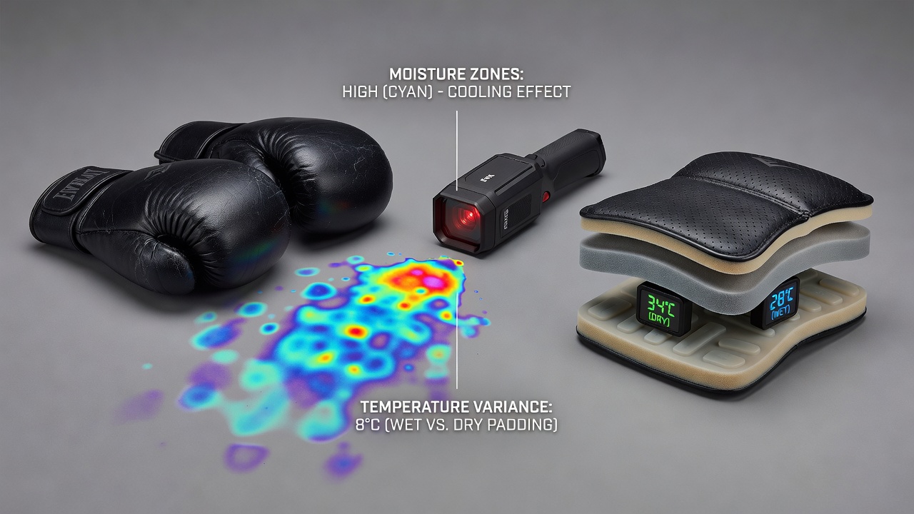 Cross-section diagram of boxing glove padding layers illustrating moisture accumulation zones during prolonged use