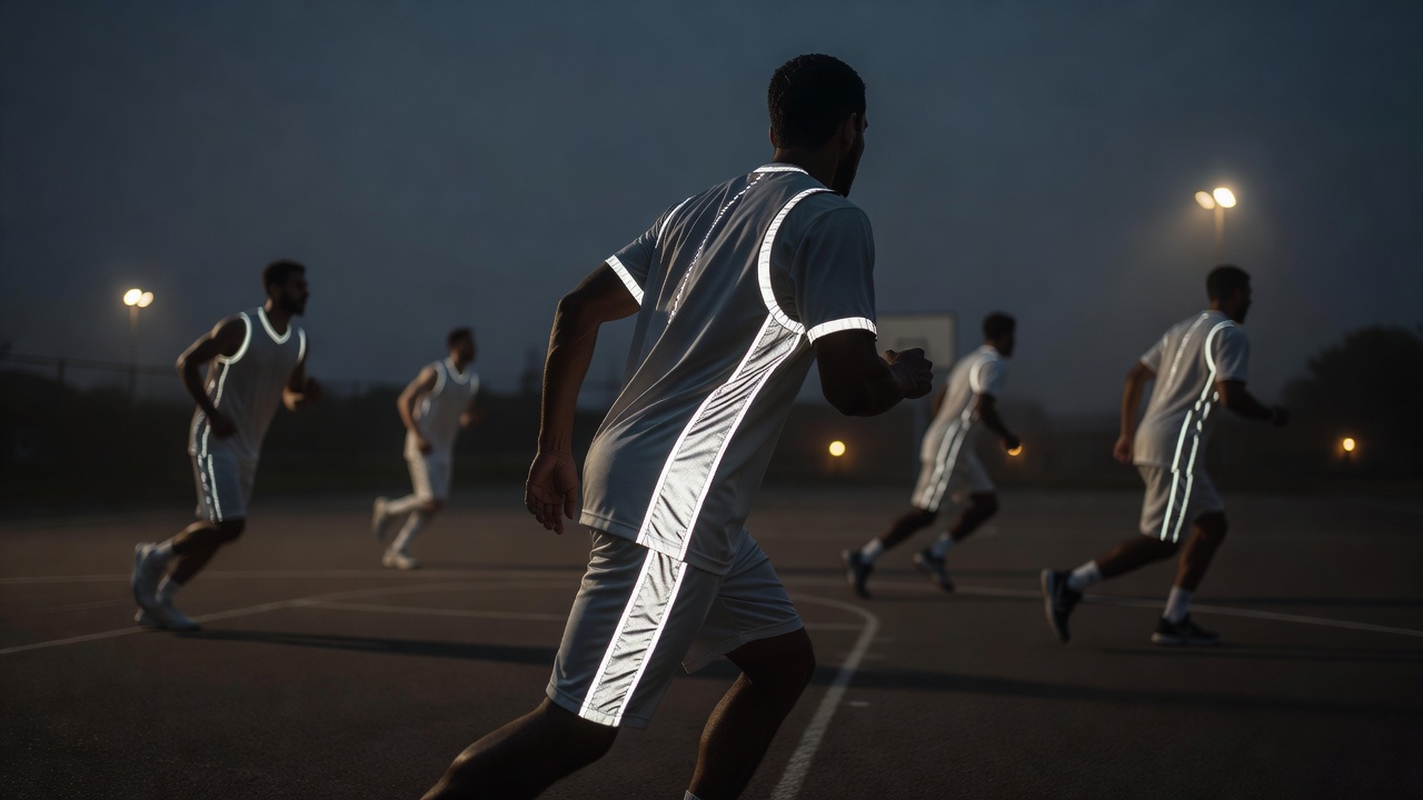 Close-up of reflective yarn woven into basketball jersey fabric showing light reflection properties