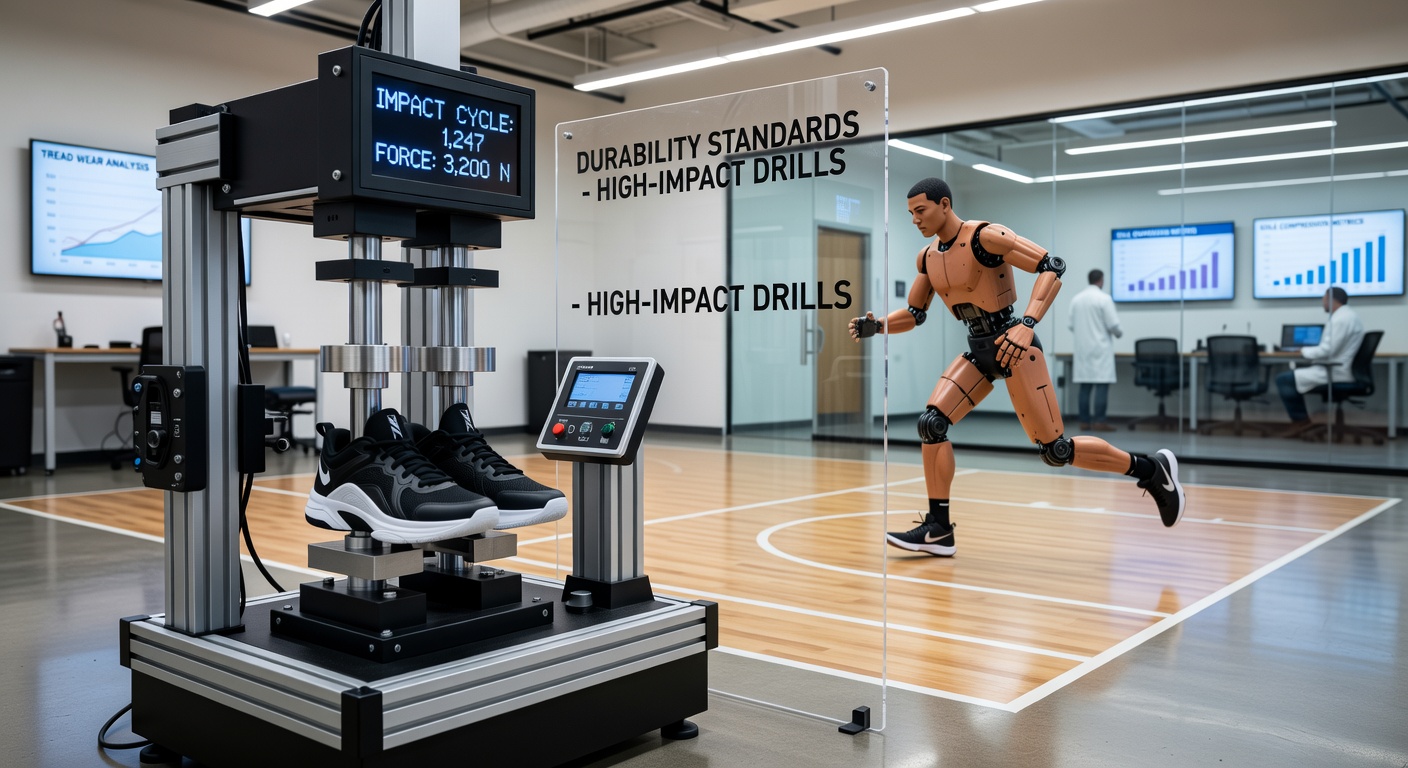 Technicians monitoring basketball sneakers during high-impact durability testing in a controlled laboratory environment