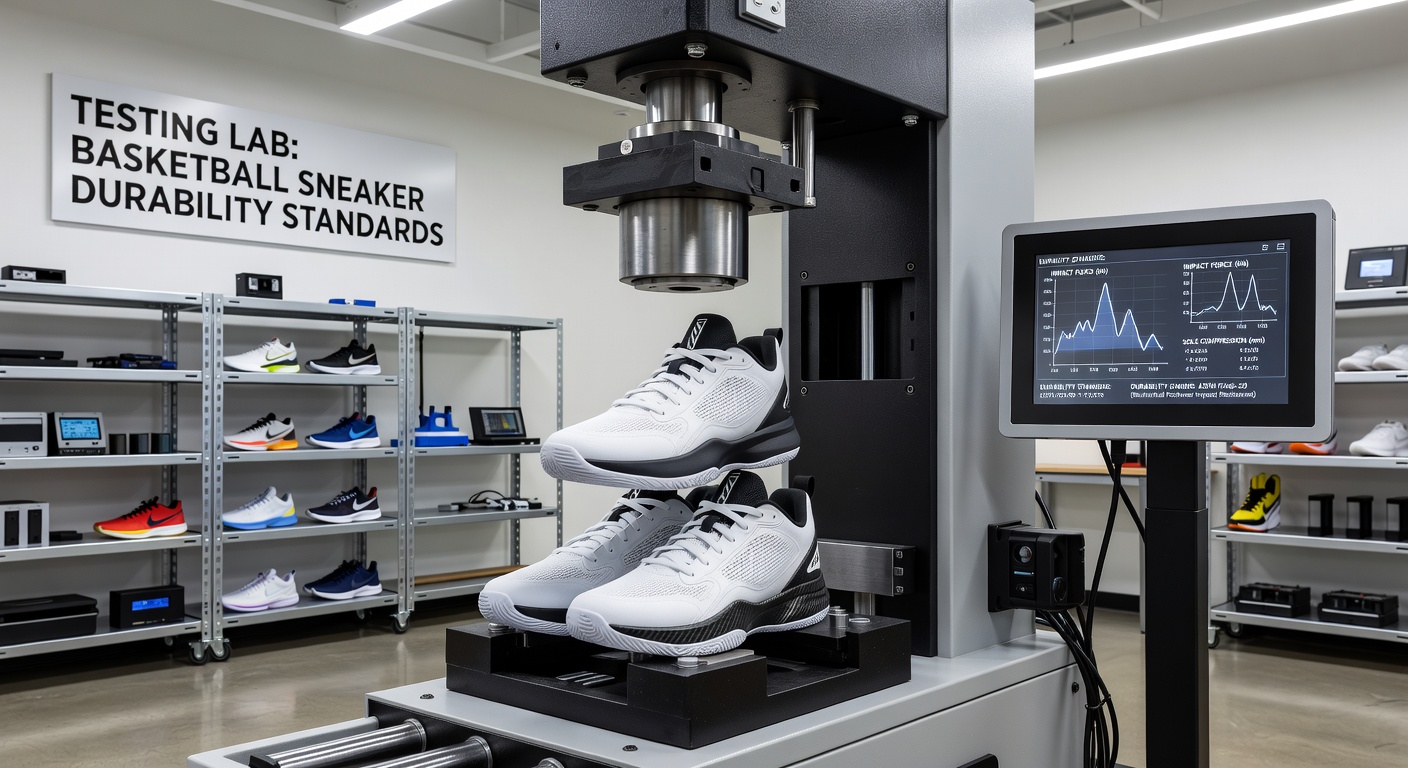 Close-up view of laboratory equipment applying repeated impact forces to basketball sneaker soles during durability assessment