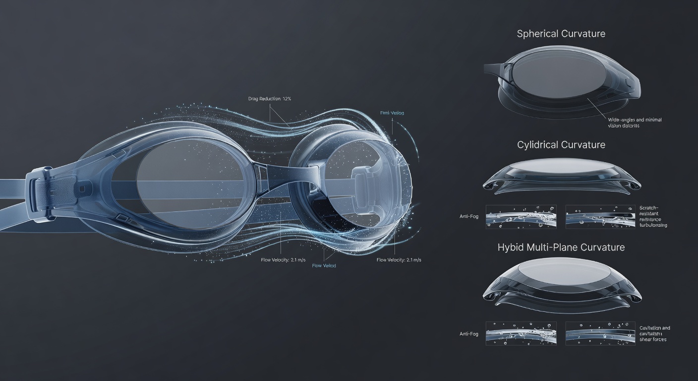 Close-up view of curved lens designs in competitive swimming goggles showing water flow patterns