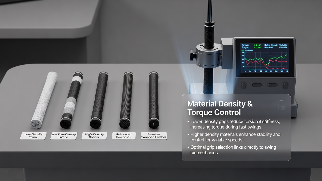 Laboratory setup measuring torque transmission through golf grips at multiple swing angles on simulated grass surfaces
