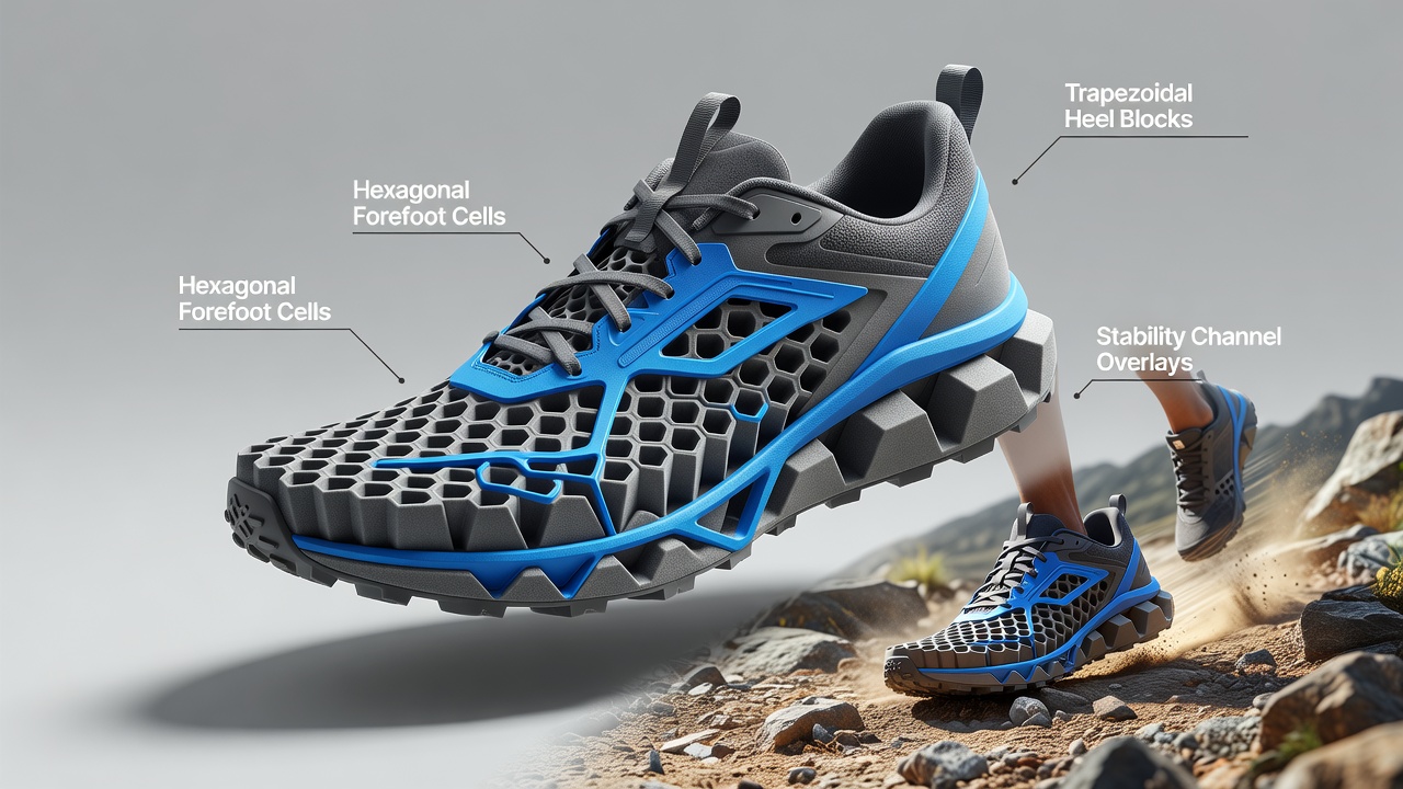 Close-up view of midsole geometry patterns in an off-road running shoe showing rockered design and lateral support structures