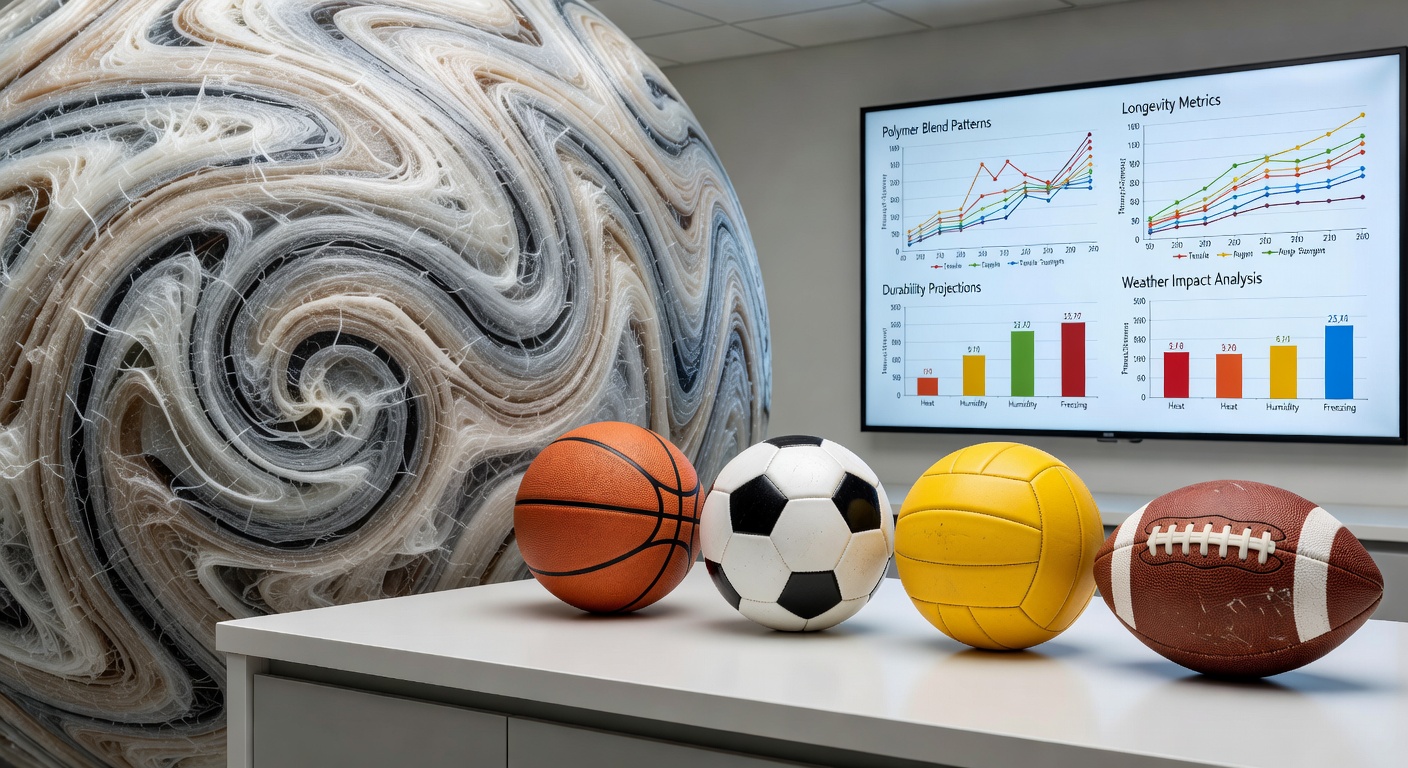 Close-up view of polymer layers in an inflatable soccer ball showing blend patterns for weather resistance