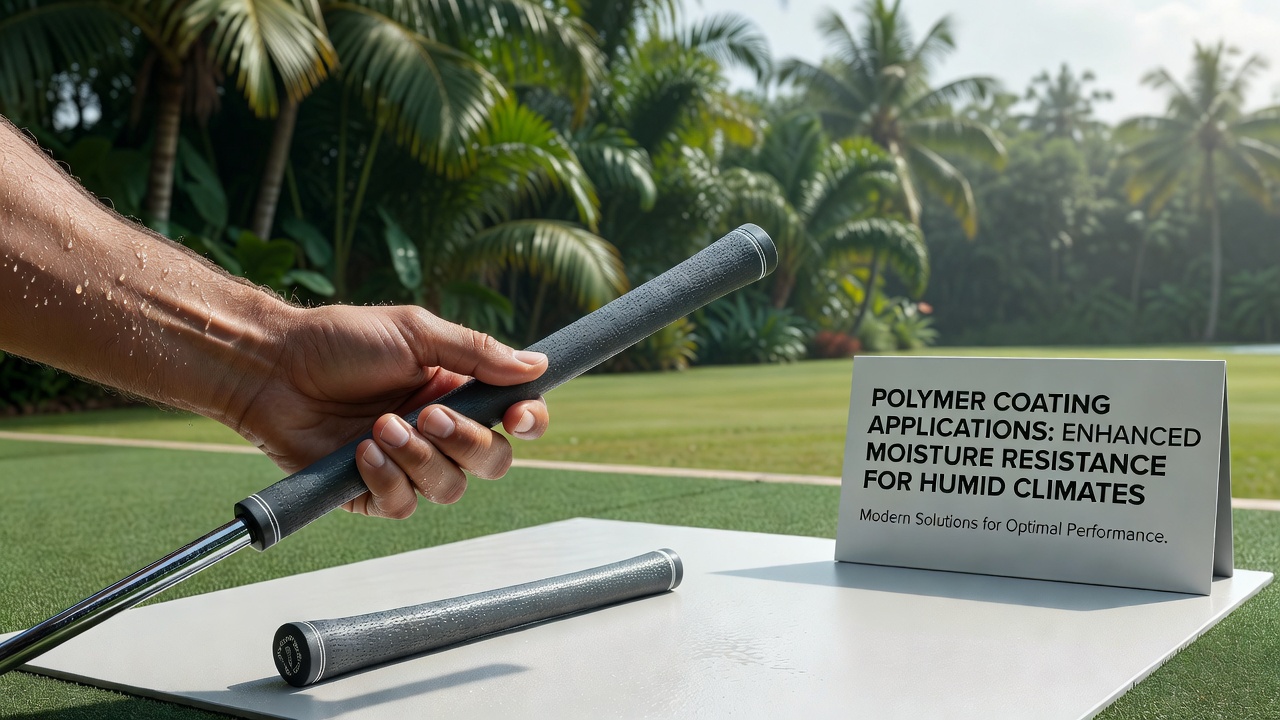 Golf club grips with polymer coatings being tested for moisture resistance on a humid course