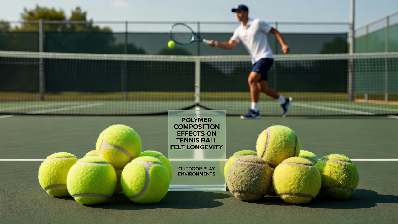 Tennis balls after extended outdoor use demonstrating differential felt wear based on polymer composition