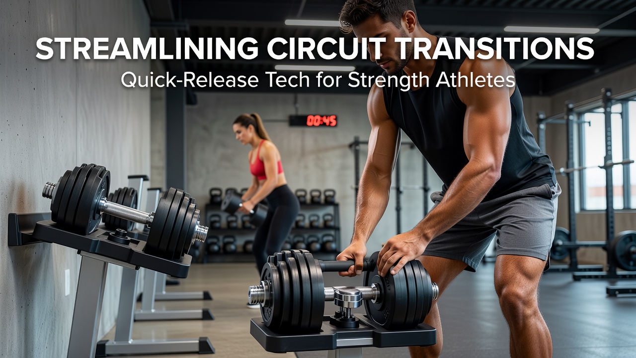 Adjustable dumbbell set featuring a quick-release collar system positioned on a gym floor during circuit training