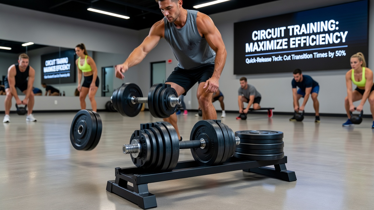 Close-up view of a lever-style quick-release collar on an adjustable dumbbell used in strength circuit workouts