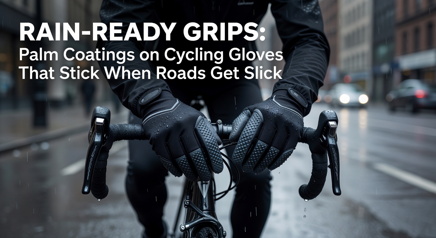 Close-up of cycling glove palm with textured rain-ready coating gripping a wet brake lever under rainy conditions