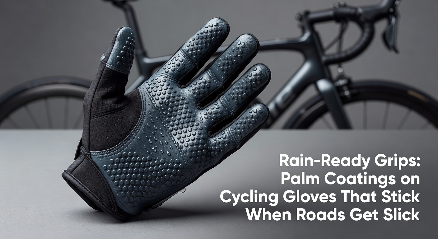 Cyclist in pouring rain braking confidently on a descent, highlighting the palm coating's effectiveness on slick handlebars