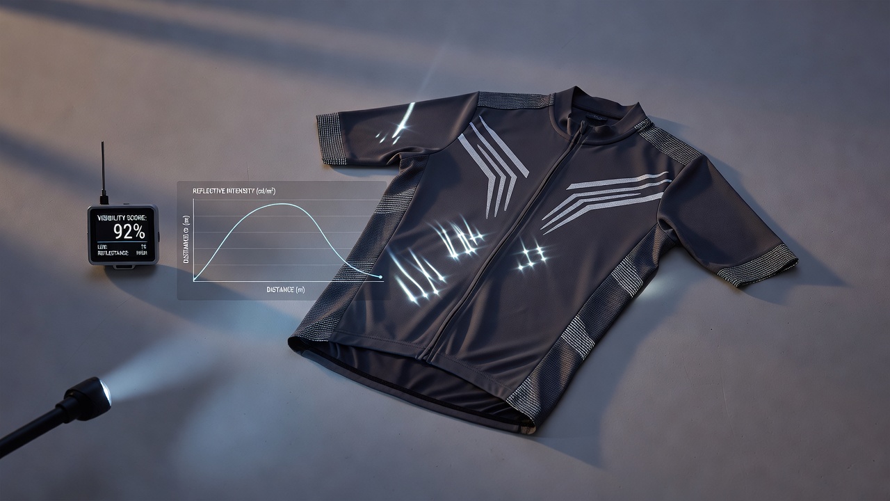 Close-up of reflective threads woven into a cycling jersey fabric under low-light simulation