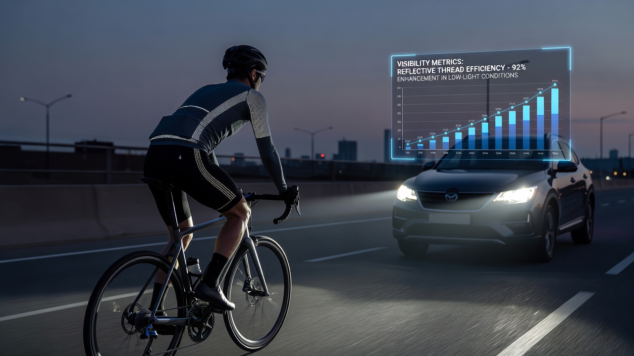 Cyclist wearing reflective jersey during nighttime road test with vehicle headlights