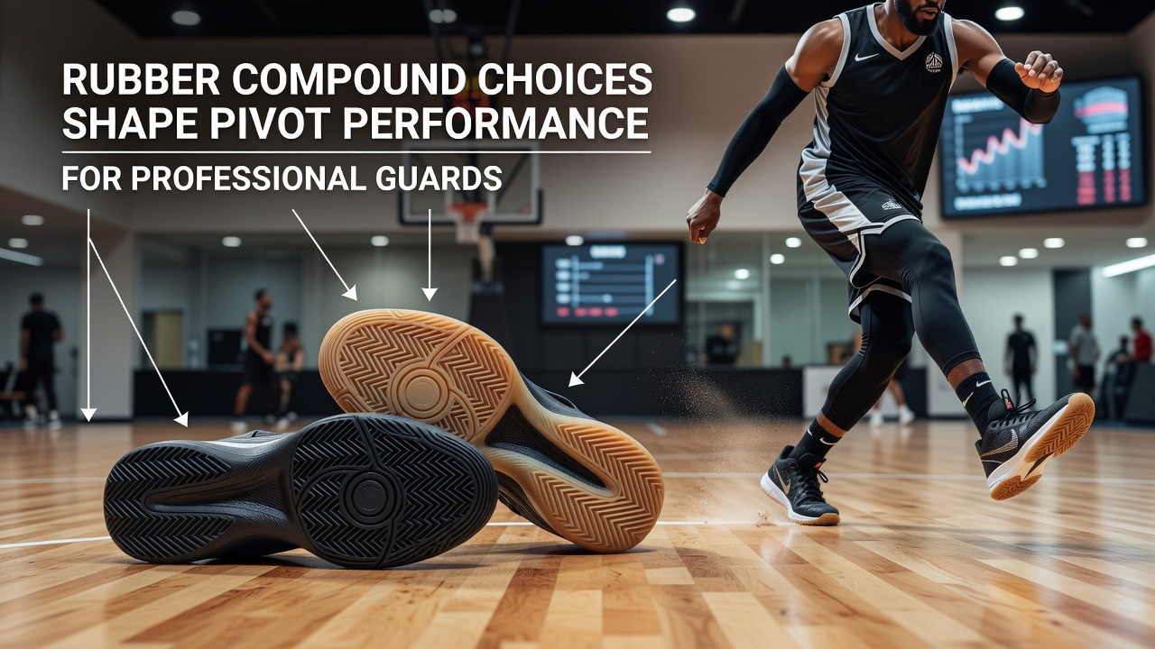 Professional basketball player executing a pivot on polished hardwood court with detailed sole contact