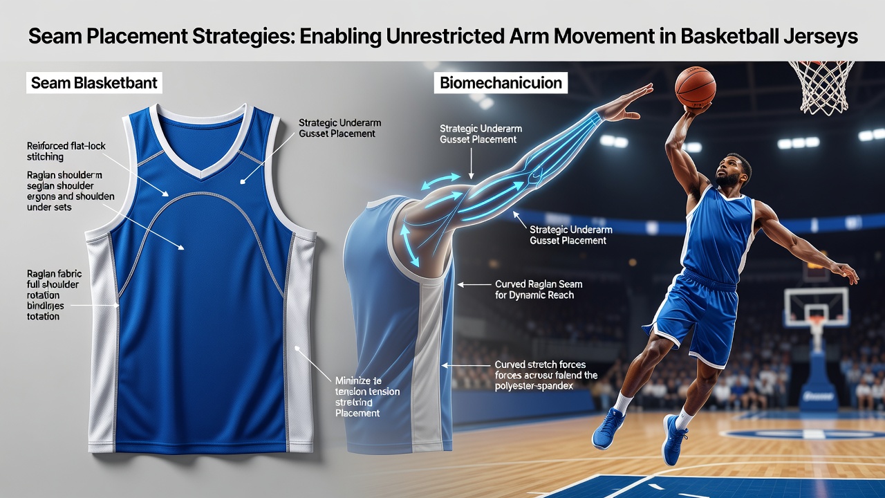 Athlete demonstrating shooting form with basketball jersey highlighting underarm seam positioning for full arm extension