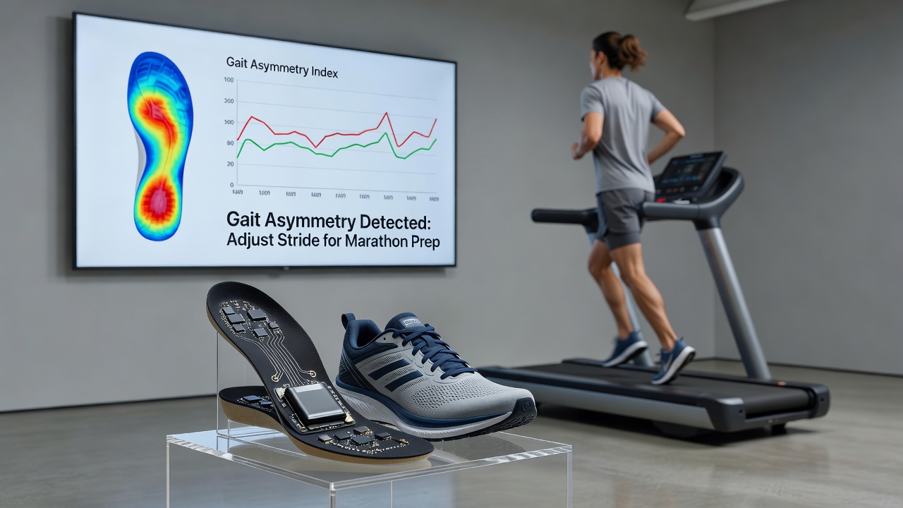 Sensor-embedded insoles placed inside running shoes showing embedded pressure sensors and data transmission components