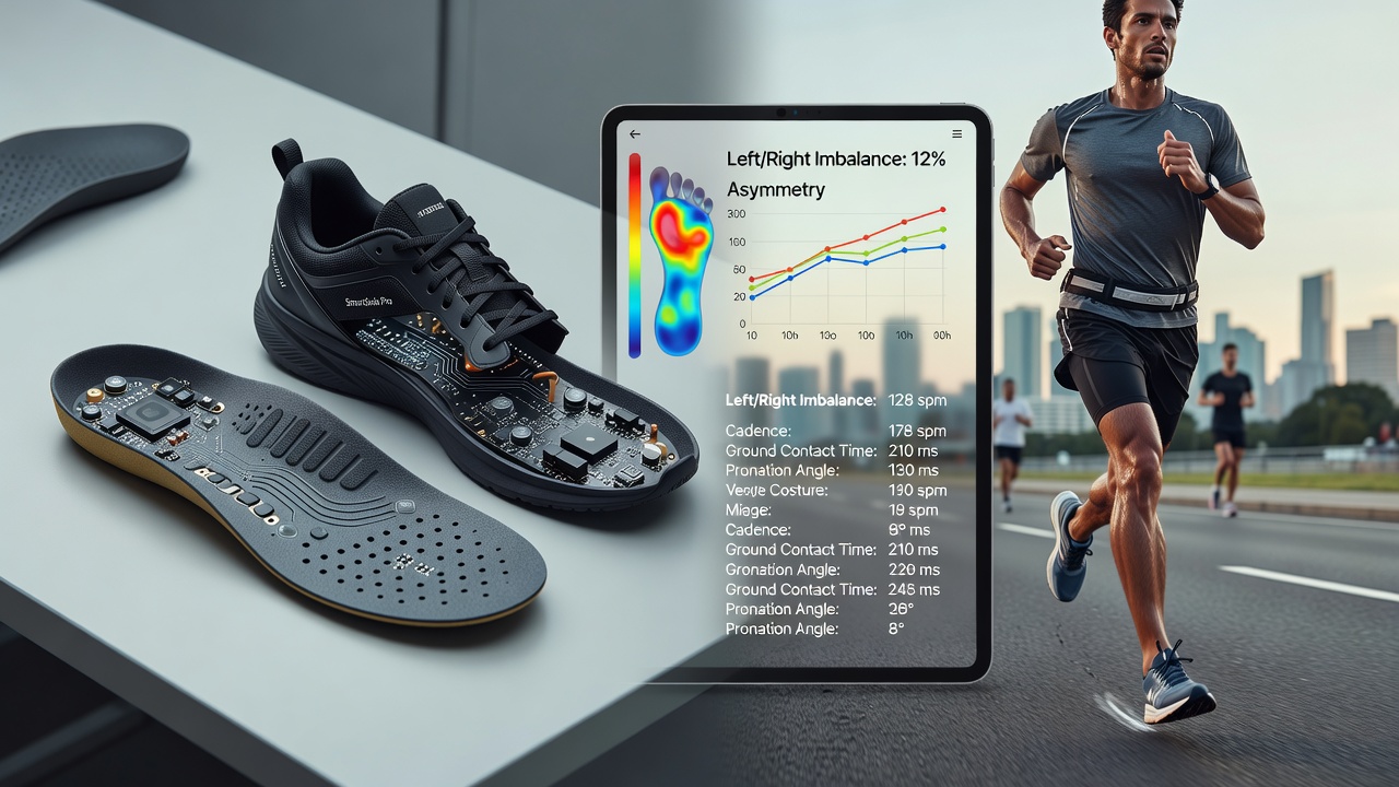 Data dashboard displaying gait asymmetry metrics from sensor insoles during a marathon training run