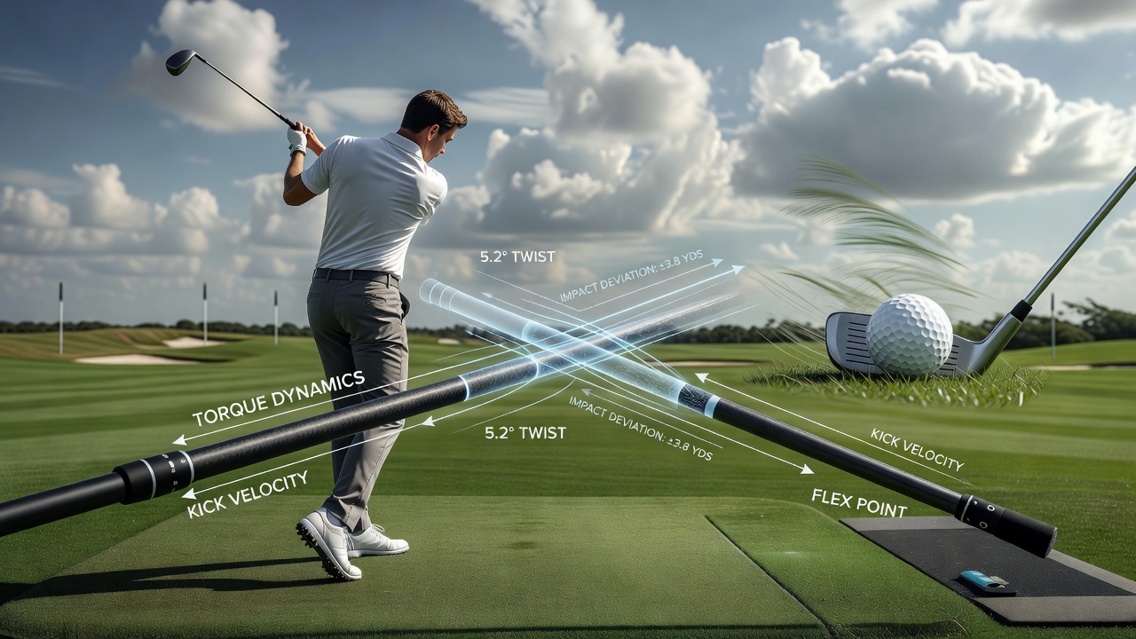 Recreational golfer testing shaft torque effects on an outdoor range with wind flags visible