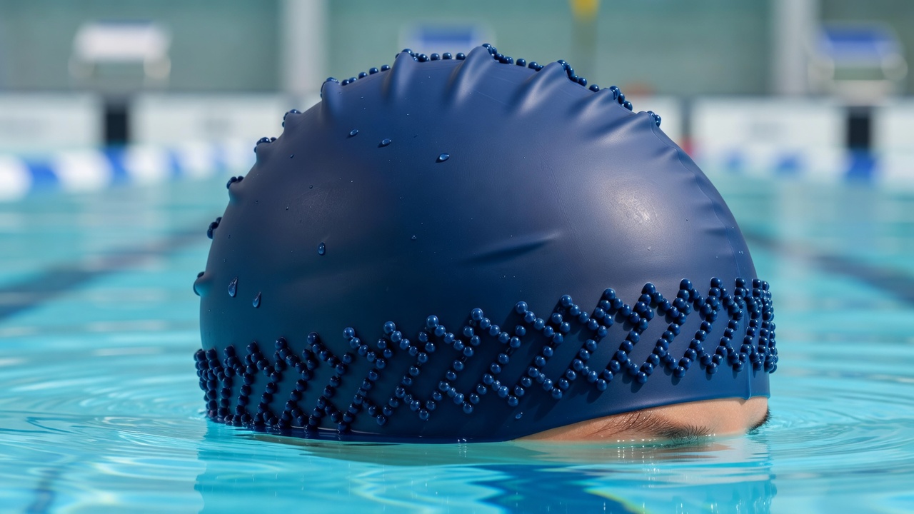 Close-up view of silicone bead patterns along the edge of a competitive swim cap designed for enhanced grip