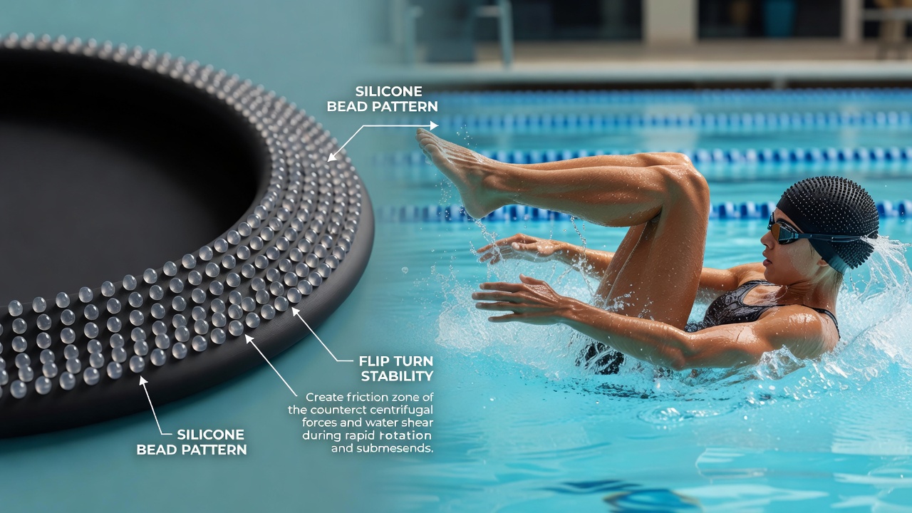 Swimmer performing a flip turn in a lap pool with close focus on swim cap edge stability
