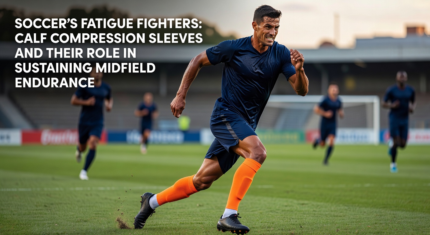 Midfielder in action on the pitch, wearing sleek black calf compression sleeves that hug the muscles during a high-intensity sprint