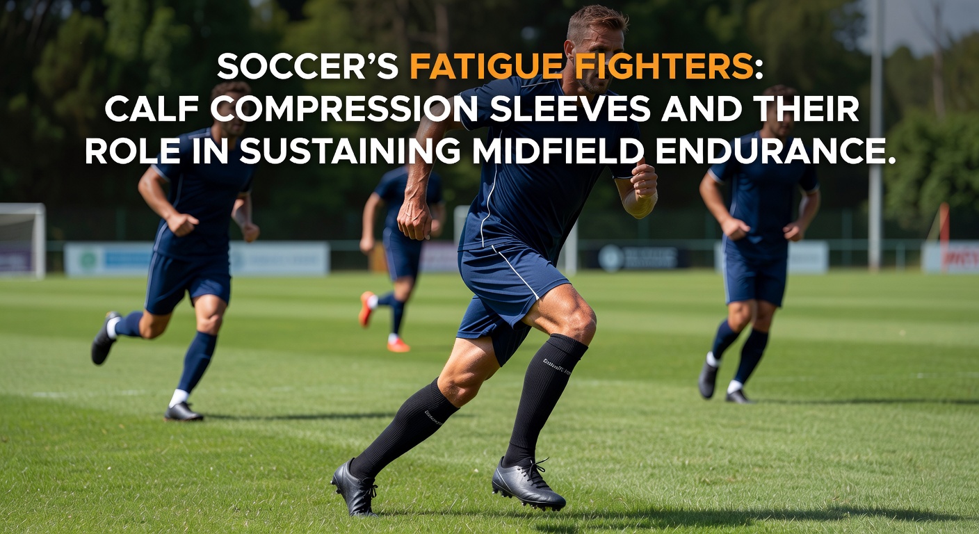 Close-up of calf compression sleeves on a soccer player's legs, highlighting the graduated compression pattern and breathable fabric during recovery stretches