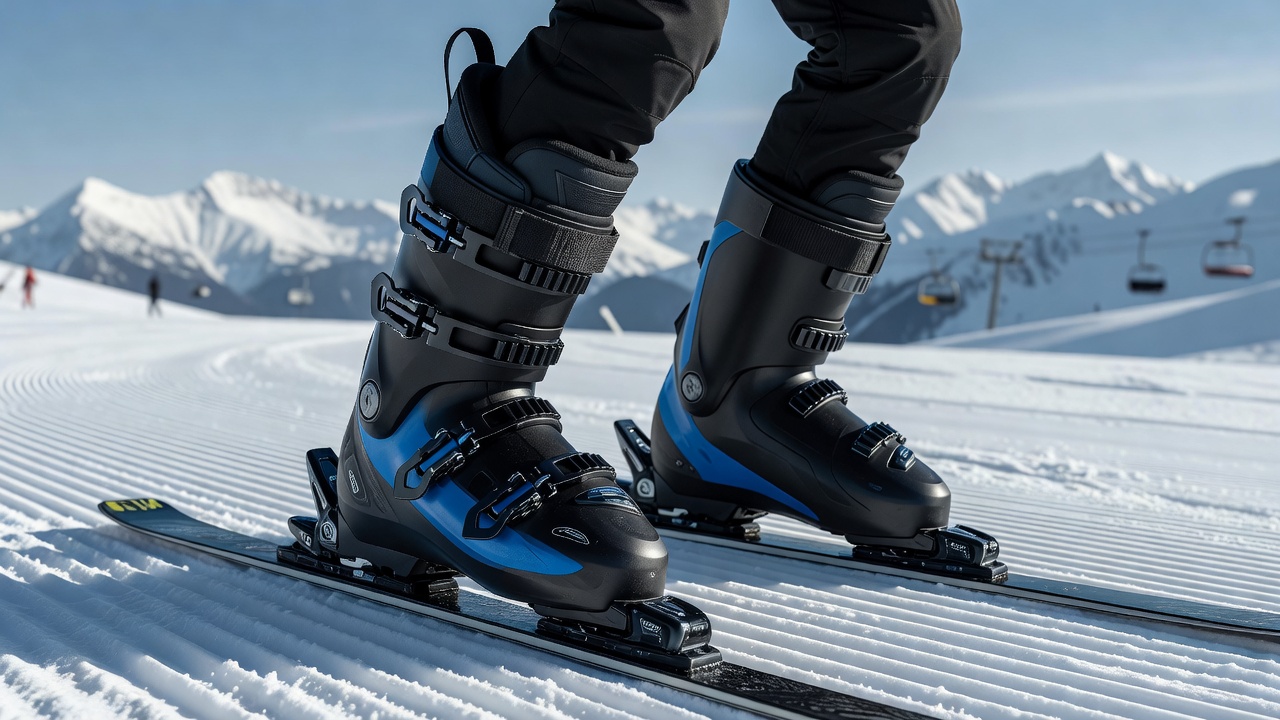 Skiers adjusting boot straps mid-day on groomed resort slopes