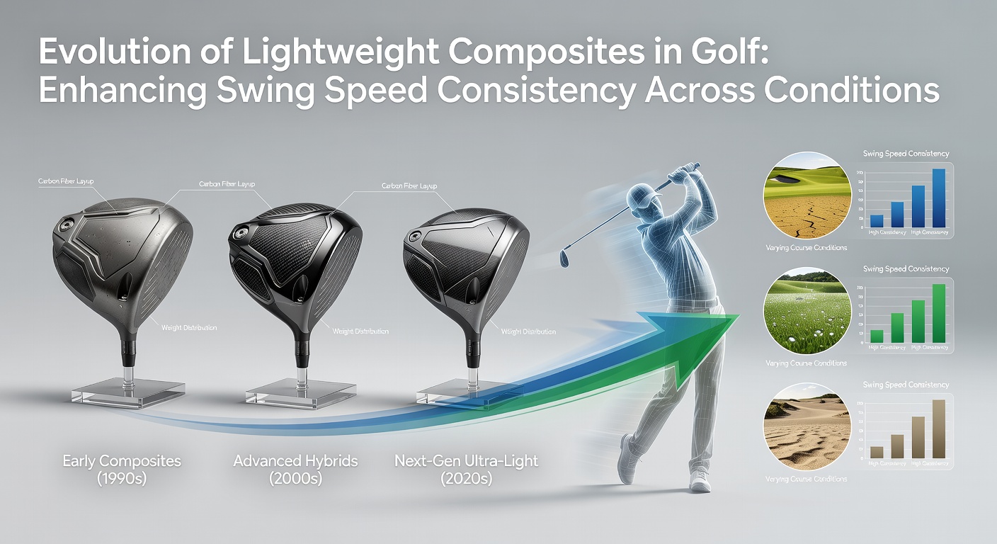 Historical progression of golf club head materials from wood to advanced composites shown in a timeline format