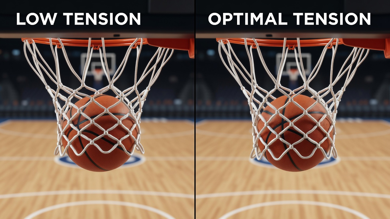 Close-up view of basketball net threads showing tension variations in construction