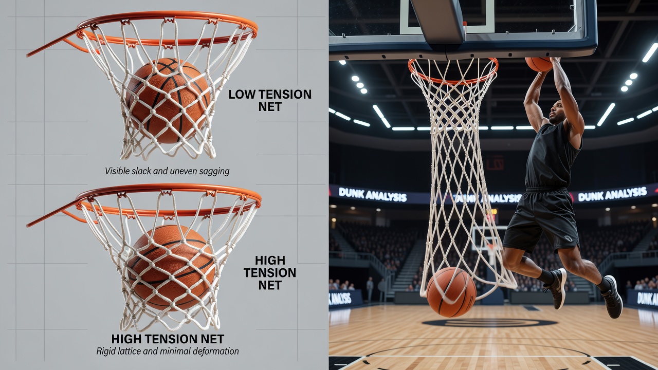 Laboratory setup testing basketball net thread tension during simulated dunk attempts