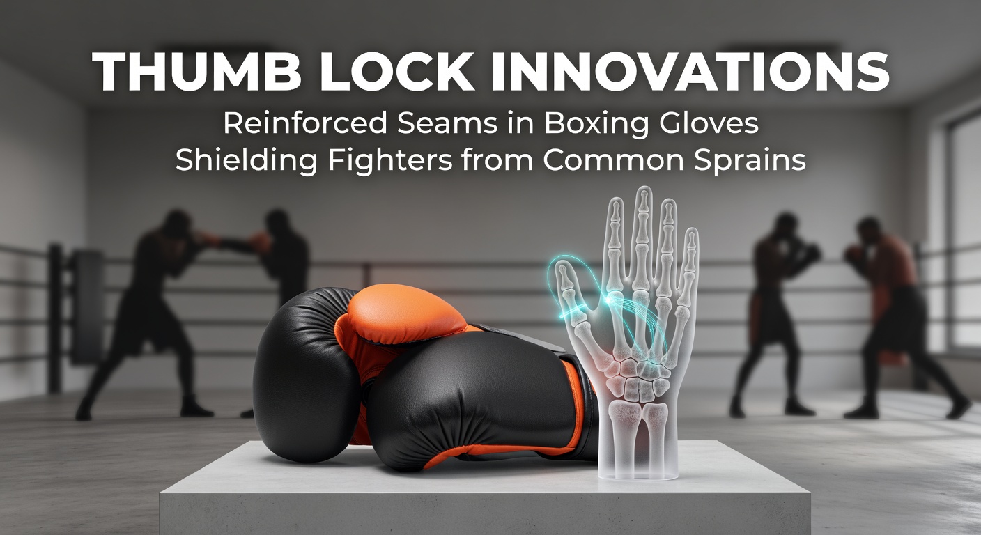 Detailed close-up of a boxing glove's thumb area featuring reinforced seams that lock the thumb securely during impact, highlighting the innovative stitching pattern designed to prevent sprains