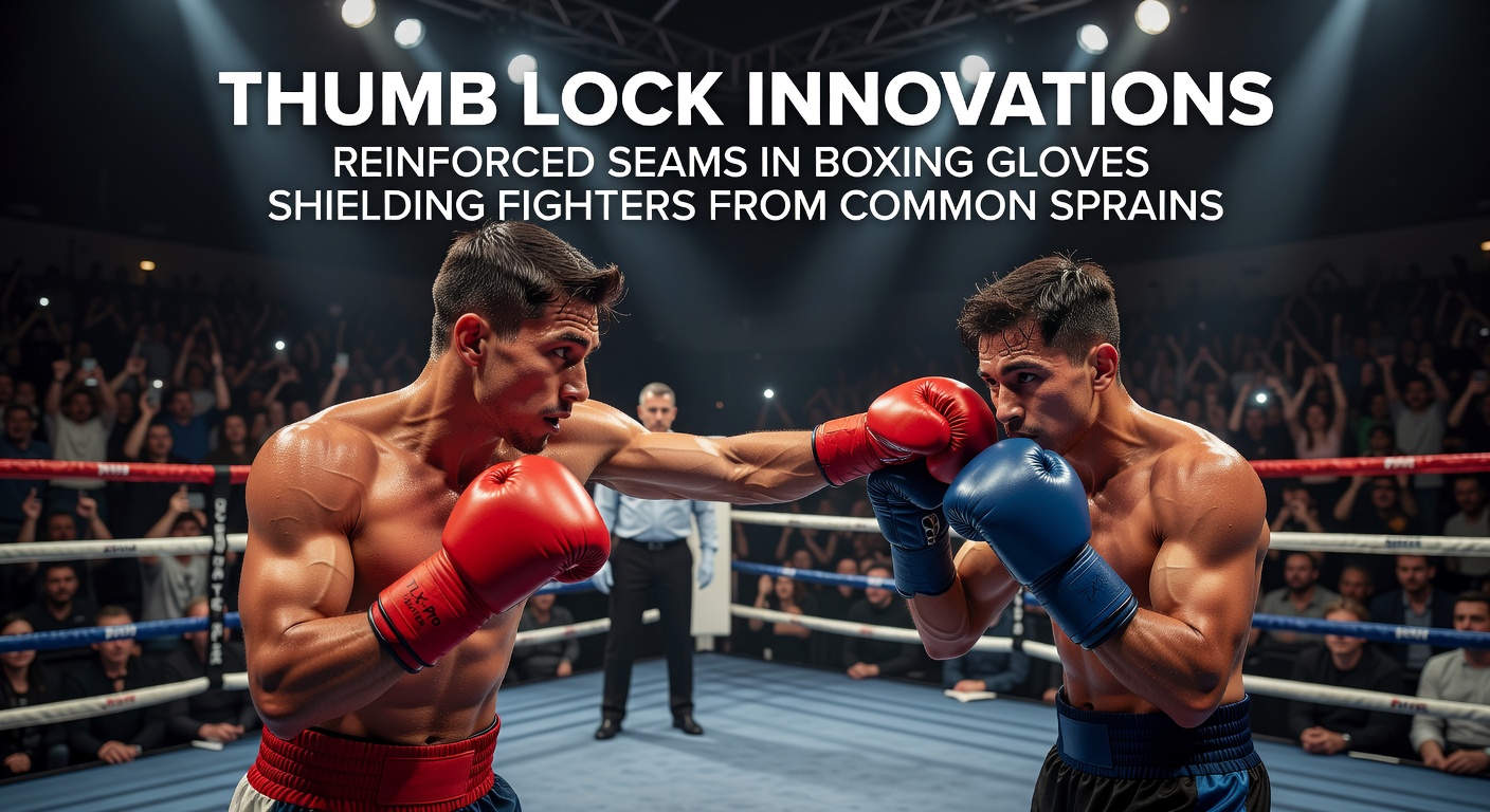 Boxer in action wearing Thumb Lock gloves, demonstrating secure thumb positioning during a sparring session against a padded opponent, with visible reinforcement along the seam line