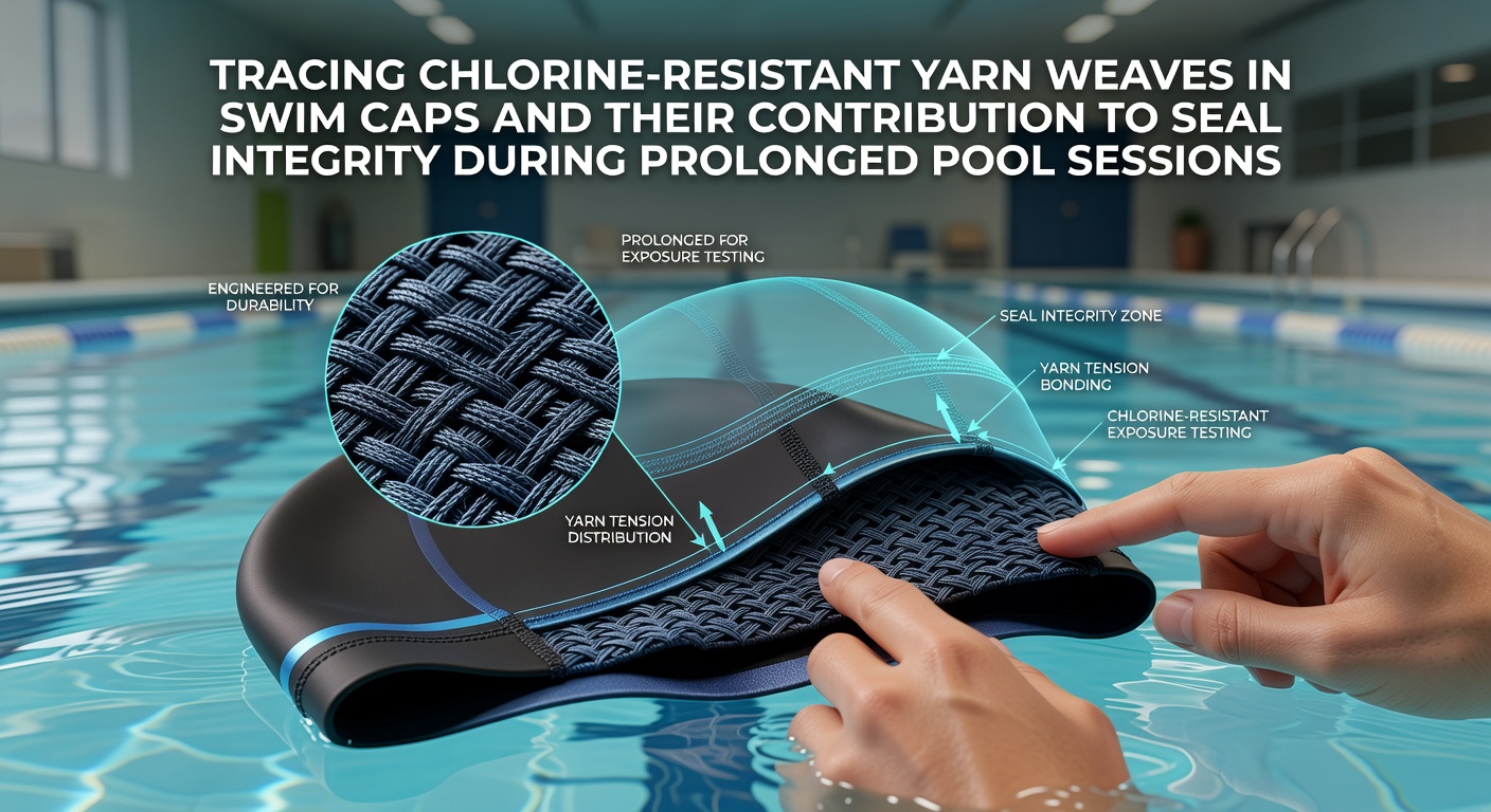 Close-up of chlorine-resistant yarn weave patterns in a swim cap fabric showing tight knit structure for water sealing