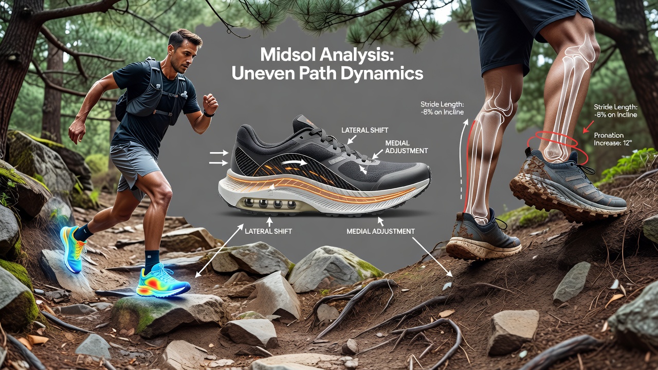 Runner navigating uneven trail path with close-up view of shoe midsole compression patterns